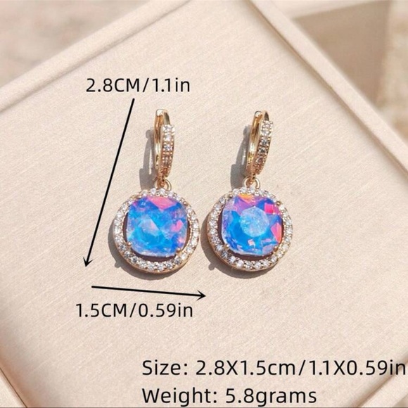 Glam Purple Milky Opalite, Round Cubic Zirconia Iridescent Gold tone Earrings - Picture 5 of 10